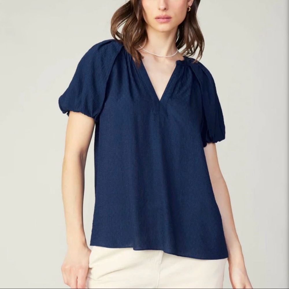 NWT Current Air Navy Blue Split Neckline Bubble Sleeve Blouse Airy Relaxed Sz M